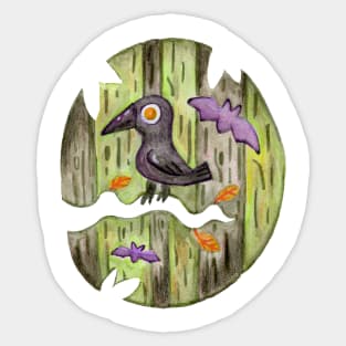 Whimiscal Raven in a Spooky Forest in Watercolor Sticker